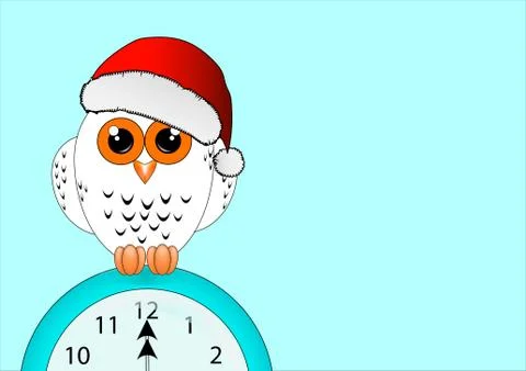 White owl in a red Christmas hat sits on a clock face Stock Illustration