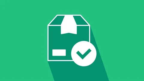 White Package box with check mark icon isolated on green background. Parcel box Stock Footage 225664751