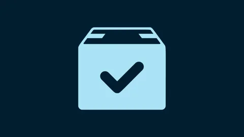 White Package box with check mark icon isolated on blue background. Parcel box Stock Footage 230024456