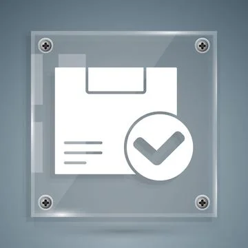 White Package box with check mark icon isolated on grey background. Parcel box Stock Illustration