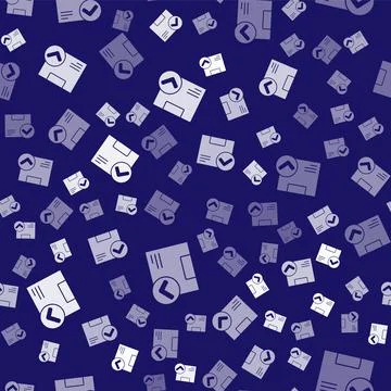 White Package box with check mark icon isolated seamless pattern on blue Stock Illustration