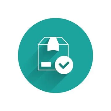 White Package box with check mark icon isolated with long shadow background.. Stock Illustration