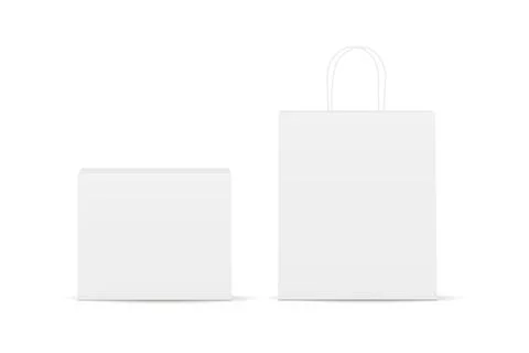 White package, rectangular box and bag with handles - front view Stock Illustration
