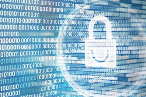 White padlock icon on blue binary code background. digital world cyber securi Illustrazione stock