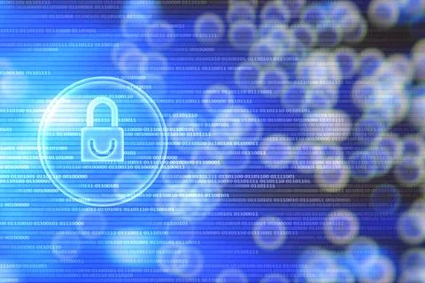 White padlock icon on blue binary code background defocused light bokeh. digi Stock Illustration