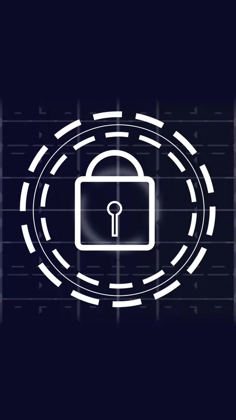 White Padlock Icon with Circular Digital Interface on Dark Grid Background .. Stock Footage 337462254