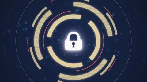 White padlock icon inside rotating cream arc rings on navy grid Vídeo Stock 344842310
