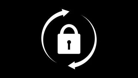 White padlock inside circular arrows on a black background, showing data se.. Stock Footage 340999520