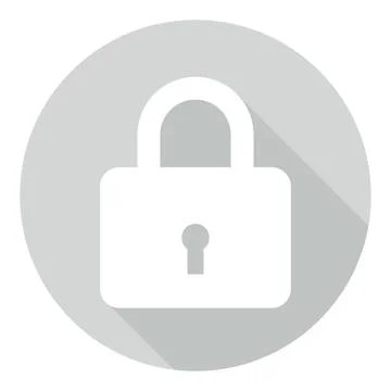 White padlock security icon inside grey circle with long shadow vector flat. Ilustración de archivo