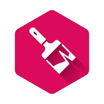 White Paint brush icon isolated with long shadow. Pink hexagon button. Vector Stock Illustration