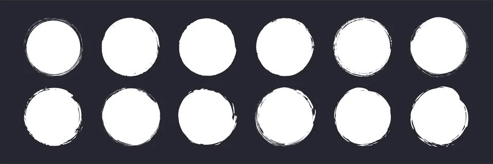 White paint brush round frames isolated on black background. Grunge hand dr.. Stock Illustration