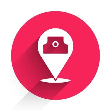 White Paint spray can icon isolated with long shadow. Red circle button. Vector Illustrazione stock
