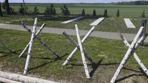 White-painted birch log anti-tank obstacles, also known as Czech hedgehogs, Stock Footage 341658092