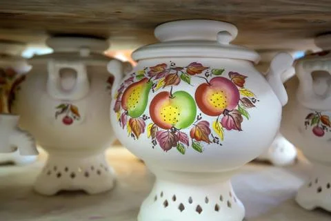 White painted earthenware samovars Stock-Fotos