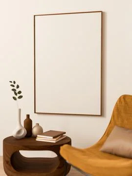 White painting frame on wall over wooden table and yellow mustard fabric ac.. Ilustração Stock