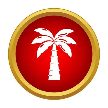 White palm tree icon on red circle with gold border 스톡 일러스트
