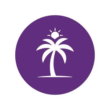 A white palm tree with a stylized sun above it, centered within a solid pur.. Stock Illustration