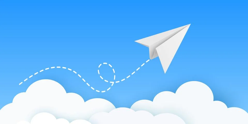 White Paper Airplane Icon, Vector Illustration. Flying Paper Plane with Dotted Illustrazione stock