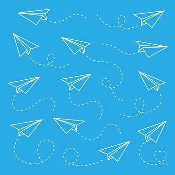 White paper airplanes with dashed flight trails on blue background. Clean vector Illustrazione stock