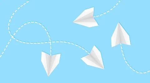 White paper airplanes with dashed tracking routes on light blue background 스톡 일러스트