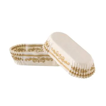 White paper baking form for eclairs and cakes with golden pattern Stock Photos