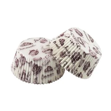 White paper baking forms for muffins and cupcakes with coffee pattern Stockfoto's