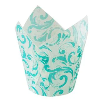 White paper baking Tulip forms for cakes with green pattern Stock Photos