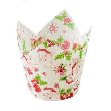 White paper baking Tulip forms for cakes with New Year holiday pattern Stock Photos