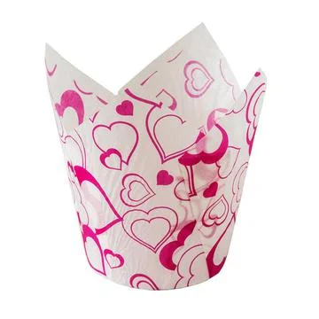 White paper baking Tulip forms for cakes with hearts pattern Stock Photos