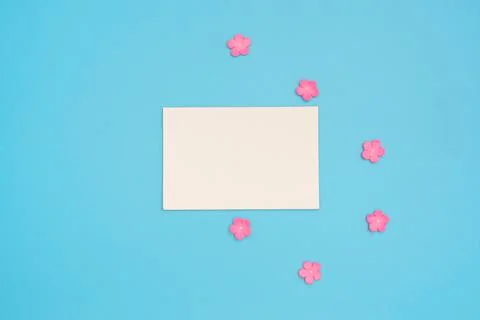 White paper card note with small pink flowers on blue background. Greeting card Stock Photos