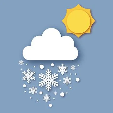 White paper cloud with snowflakes. Falling Snow. Sun and cloud. Paper cut Stock Illustration