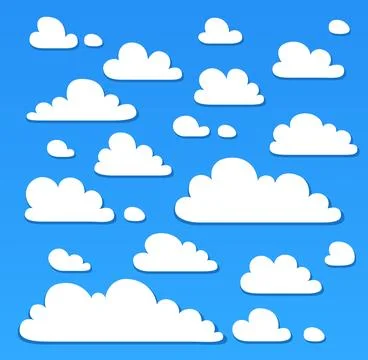 White paper clouds on blue sky cartoon illustration. Collection of funny fluffy Illustrazione stock