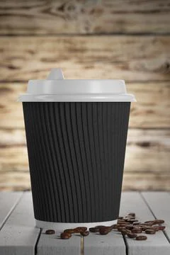 White paper cup with black ribbed cardboard. Disposable paper tableware. 3d r Stock Illustration