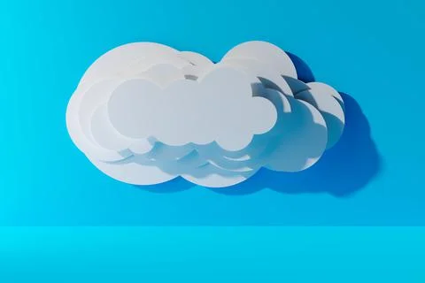 White paper cut cloud shape over blue background, minimal modern concept, tec Stock Illustration