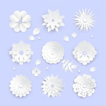 White paper cut flowers - set of modern vector colorful objects Stock Illustration