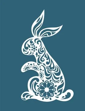 White paper cut rabbit. Easter symbol. Flower and leaves botanical traditio.. Stock Illustration