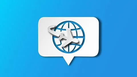 White paper cut speech bubble. Global travel line icon. International flight Stock Illustration