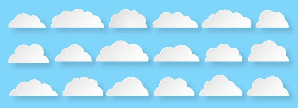White paper cut vector cloud set isolated on blue Illustrazione stock