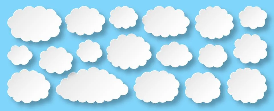 White paper cut vector cloud set isolated on blue Stock Illustration