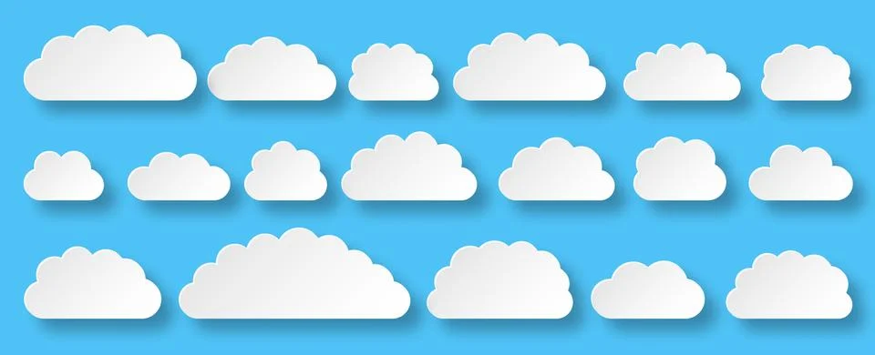 White paper cut vector cloud set isolated on blue Stock Illustration