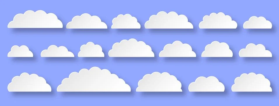 White paper cut vector cloud set isolated on blue Stock Illustration