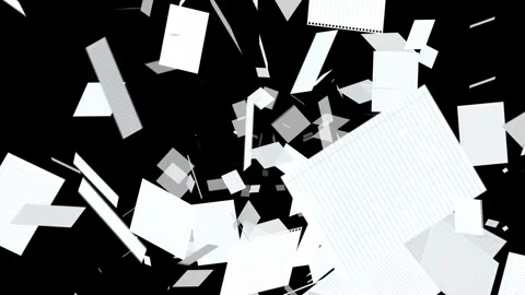 White paper documents animation floating randomly on black background. Stock Footage 327328797