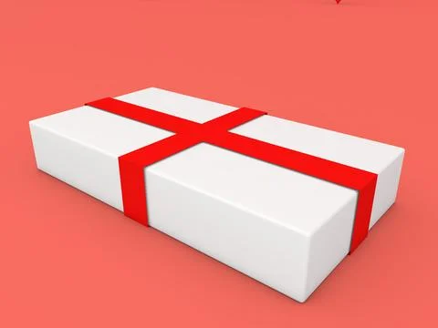 White paper gift box with red ribbons on a red background. Stock-Illustration
