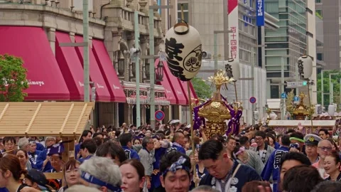 White Paper Lanterns Frame Golden Shrine on Festival Avenue Stock-Footage 341413785