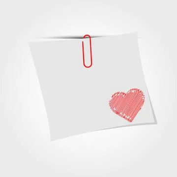 White paper note with clip and red heart Stock Illustration