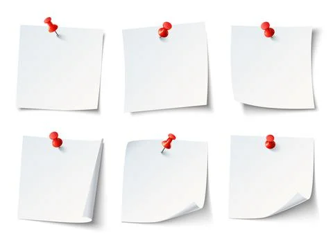White paper notes on red thumbtack. Top view note sticker with pins vector se Illustrazione stock