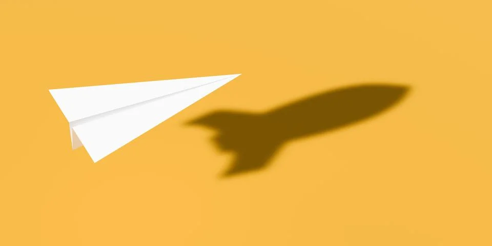 White paper plane with rocket shadow on yellow background, vision, growth o.. Stock Illustration