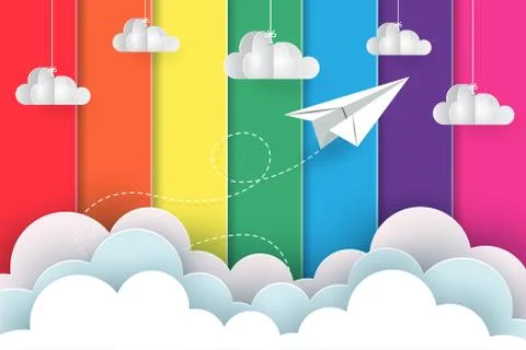 White paper planes fly on the background rainbow colorful while flying above  Stock Illustration