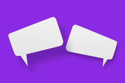 White paper in the shape of speech bubbles against a purple background. Commu Stock Photos