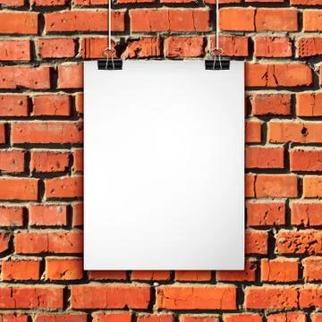 White paper sheet on brick wall. Vector background with blank poster Stock Illustration